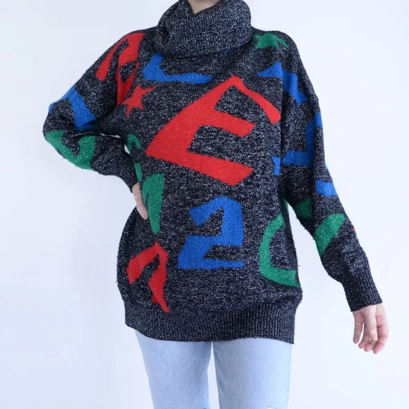 Vintage B. Diffusion 72% Lambswool Black Sparkly Turtleneck Sweater M - Picture 1 of 13